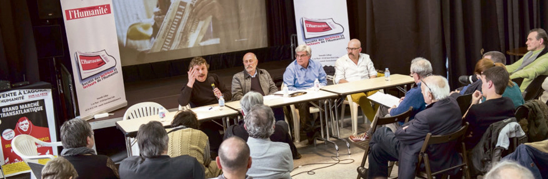 thumbnail of Paris, le 12 mars 2016. assemblée générale de la S2LH, avec (de gauche à droite) : Gilbert Garrel, syndicaliste cheminot, Nicolas Devers-Dreyfus, président de l'association, Patrick Le Hyaric, directeur du journal et l’acteur Philippe Torreton. PATRICK NUSSBAUM